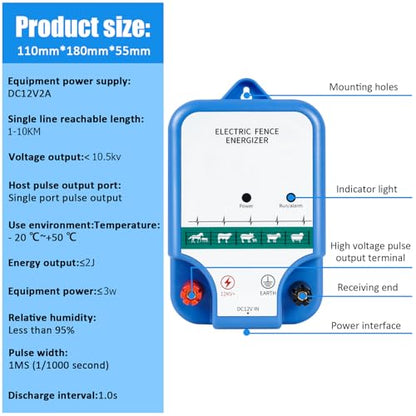 Electric Fence Charger for Livestock - 10.5 kV 2 Joules High-Power Electric Fence Energizer for Containing Pets Livestock and Preventing Wild Animals Intruding (6.29in)