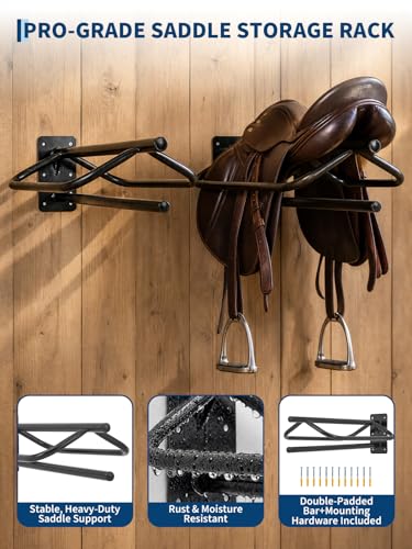 Heavy Duty Wall Mounted Saddle Rack 2 Pack - Double Pad Bar - Collapsible Steel Stand with Storage Shelf - Organizer for English & Western Saddles and Blankets - Portable Stable Tack Holder
