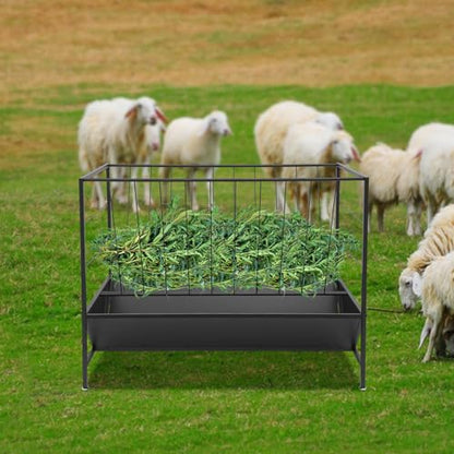 Pasture Hay Feeder 50 Gallon, Heavy Duty 2-in-1 Livestock Feeder, Hay Grain Feeding with 30 Gallon Feed Pan, Multiple Sided Pasture Hay Rack for Sheep Horses