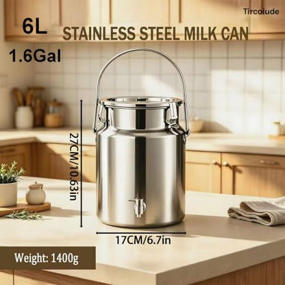 304 Stainless Steel Milk Can with Spigot 6L/1.6 Gal Milk Can Drink Dispenser with Sealed Lid & Handle, for Iced Tea, Water, Milk, Wine, Juice, Home Kitchen, Cafes, Restaurants - size: 6L