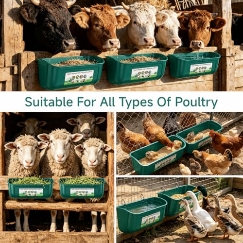 Chicken Feeder Waterer Set, Hanging Fence Feed Trough for Livestock Poultry, Waterer Bucket for Hens Gooses Goat Sheep Deer Duck （ 2 * 2.7 Quart ） - color: Green