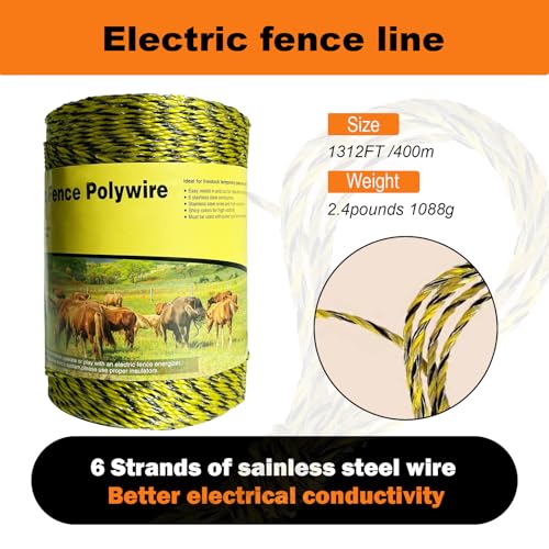Upgraded Electric Fence Polywire 1312feet 400 Meters,1/8 Diameter Portable Electric Fencing Polywires, 6 Stainless Steel Strands ，Easy to Install,Portable Electronic Fence,Yellow and Black - size: 1312Ft/400M