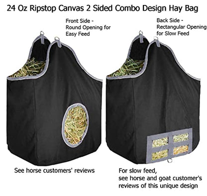 Derby Originals Large 24 OZ Canvas Horse Hay Bag 2 Sided Combo Design X Wide Gusset and 6 Month Warranty - color: Black/Grey