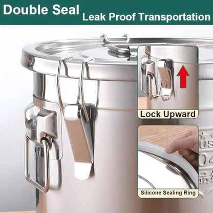 5.5Gal 304 Stainless Steel Airtight Container with Lid and Locking Clamp, 17-38Lbs Metal Bucket Drum Large Dog Food Storage Container for Milk, Oil, Coffee Storage Container (21L) - size: Standard 21L/5.5gal