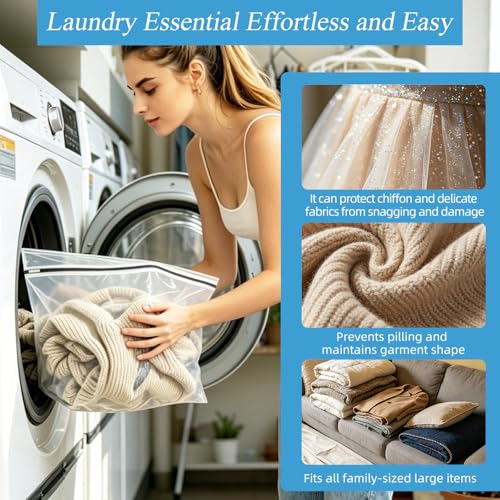 kinice Large Laundry Bag with Zipper Protective Cover, 3Pcs 23x23 Inches Garment Bag for Washing Machine, Mesh Laundry Bags for Delicates, Lingerie, Bras, Baby Clothes, Family College Dorm Essentials