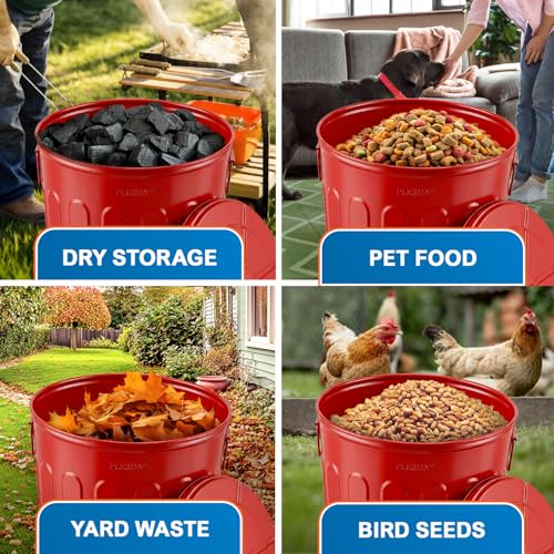 Plexon 20 Gallon Metal Trash Can with Lid Outdoor Large Trash Bin Steel Garbage Can for Garage Patio Farmhouse Bucket Bird Seed Storage Can Heavy Duty Round Container, Red - color: Red