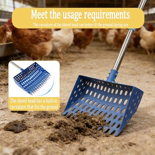 XCL Chicken Poop Scooper & Rake 2-in-1, Large 20 inch Metal Chicken Poop Scooper Head, with Adjustable Handle(39-67inch), Sifting Shovel for Sand and Bedding, Chicken Coops Cleaning Tools (Blue) - color: Blue