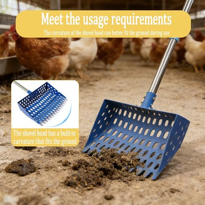 XCL Chicken Poop Scooper & Rake 2-in-1, Large 20 inch Metal Chicken Poop Scooper Head, with Adjustable Handle(39-67inch), Sifting Shovel for Sand and Bedding, Chicken Coops Cleaning Tools (Blue) - color: Blue
