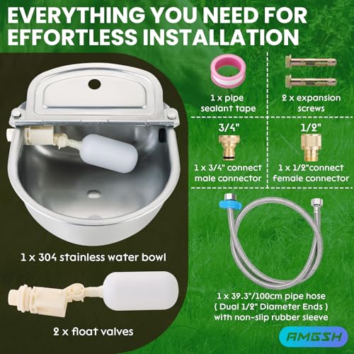 Automatic Animal Drinking Water Bowl | 304 Stainless Steel with Float Valves, 39" Pipe Hose (1/2" Ends), 1/2" to 3/4" adapter, Livestock Water Dispenser for Dog Pig