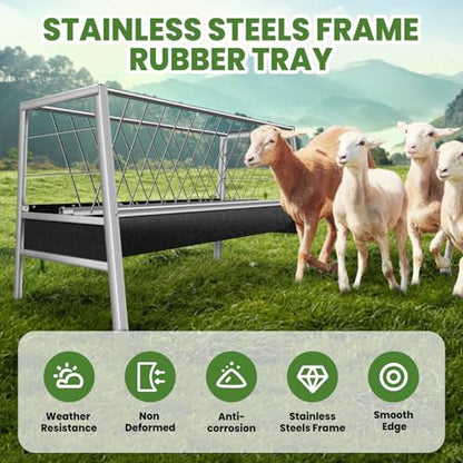 Pasture Feeder 90 Gallon Goat Hay Feeder, Rubber Tray with Stainless Steel Frame Hay Rack with 25'' Wide Tray for Goats, Sheep, Horses, Lamb, Ease of Assembly, Rust-Proof, Silver - style: Rubber Tray with Stainless Frame