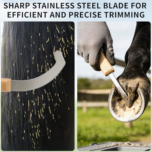 Double Edged Hoof Knife and Bot Egg Knife Set, Stainless Steel Blade with Ergonomic Wooden Handles Professional Equine Care Tools for Horses, Cattle, Goats, and Farm Livestock