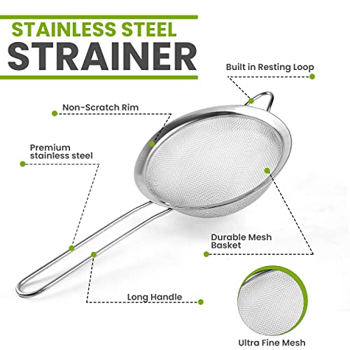 Set of 2 Stainless Steel Mesh Strainers for Kitchen - 5.5 inch Round Fine Mesh Strainer & 3.4 inch Conical Strainer Fine Mesh - Ideal to Sieve Pasta Noodles, Quinoa, Tea, Coffee, Juices, Flour