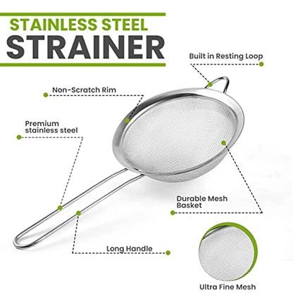 Set of 2 Stainless Steel Mesh Strainers for Kitchen - 5.5 inch Round Fine Mesh Strainer & 3.4 inch Conical Strainer Fine Mesh - Ideal to Sieve Pasta Noodles, Quinoa, Tea, Coffee, Juices, Flour