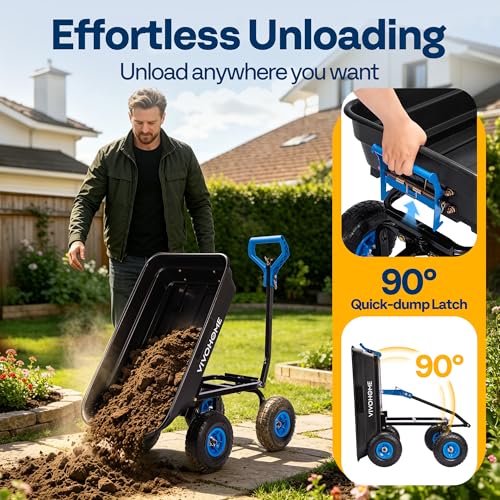 VIVOHOME 660lbs Wheelbarrow Dump Garden Cart with 2-in-1 Convertible Handle | Attach to ATV or Tractor, 10" All Terrain Wheels, Heavy Duty Utility Trailer for Yard - color: Blue