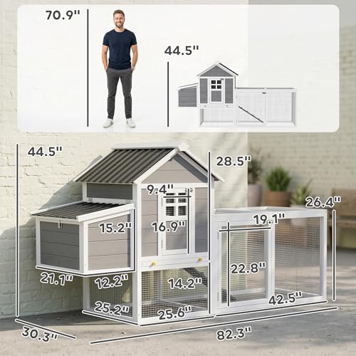 PawHut 82" Wooden Chicken Coop for 2-3 Hens with Nesting Box Gray