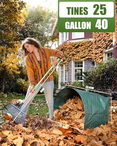 65 Inch 25 Tines Metal Leaf Rake Set with 40 Gal Dustpan-Type Bags | Heavy duty garden rake, Leaf gathering tool, Yard waste bag set, Metal dustpan rake, Lawn tool, Grass clippings sweeper - style: Green Dustpan