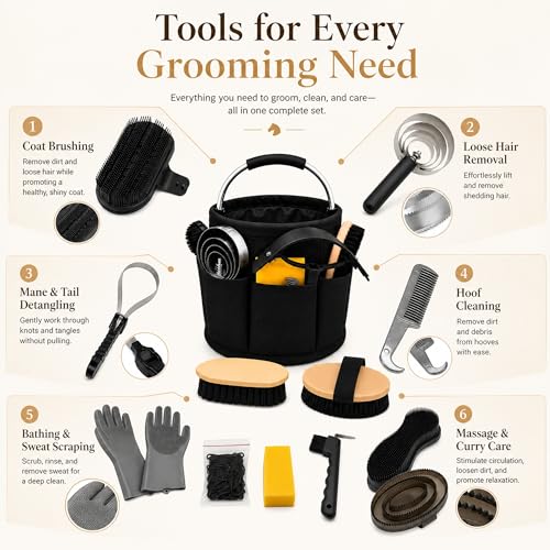 Horse Grooming Kit, 15-Piece Horse Brush Set with Tote Bag, Long Shedding Blade, Hoof Pick, Curry Comb, Sweat Scraper, Mane and Tail Comb, Gloves, Equine Grooming Supplies, Black - color: Black