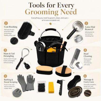 Horse Grooming Kit, 15-Piece Horse Brush Set with Tote Bag, Long Shedding Blade, Hoof Pick, Curry Comb, Sweat Scraper, Mane and Tail Comb, Gloves, Equine Grooming Supplies, Black - color: Black