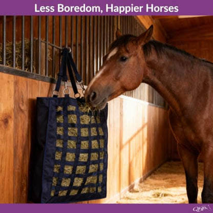 QHP Slow Feeder Hay Bag for Horses | Slow Feed, Horse Hay Feeder, 2.4" Mesh, 600D Polyester, Holds up to 13 lbs - color: Navy