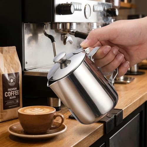 Milk Frothing Pitcher, 600ml (20oz), Stainless Steel Creamer with Lid | Fits for Milk, Coffee, Cappuccino and Latte Art - size: 20 Ounces