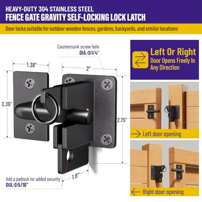 Hulave 304 Stainless Steel Fence Gate Latch, Self-Locking Gravity Gate Latch, Heavy Duty Privacy Gate Latch for Wooden Fence, Metal Gate & Vinyl Fence Gate Hardware (Black) - color: Black