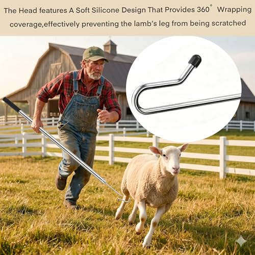Goat Sheep Catcher Hook, Adjustable Calf Grabber Tool, Heavy-Duty 304 Stainless Steel, 31–79 Inches, Shepherd’s Crook Design, Includes Storage Bag and Protective Gloves, Goat Horn Cover，Ball