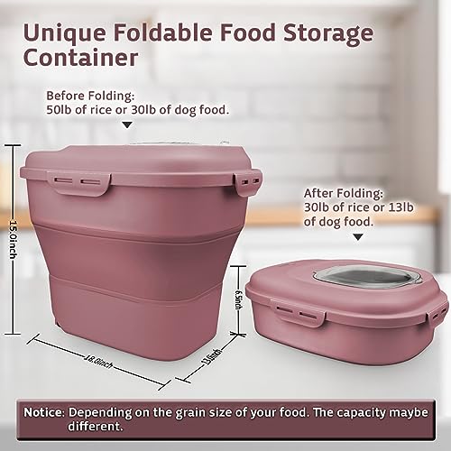 Komzon Rice Storage Bin Cereal Containers, 13-50lb Collapsible Rice Container Dispenser with Transparent Lid, Rolling Wheels, Measuring Cup and Scoop, Airtight Dog Cat Pet Food Storage Container Pink - color: Pink