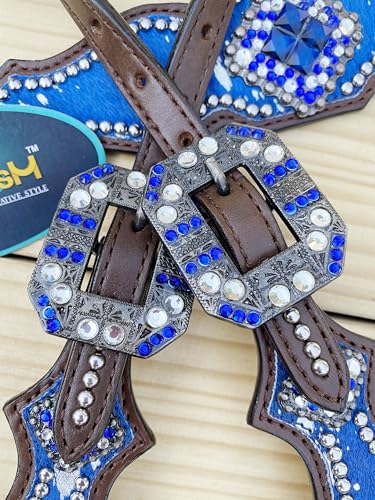 Western Leather Headstall & Breast Collar Set for Horses - Valentine’s Day Silver Metallic Cowhide with Rhinestones - color: Royal Blue