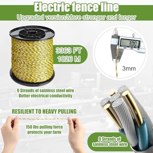 Electric Fence Kit, 5 Mile 110vac 0.25j Fence Charger 3366 ft Polywire