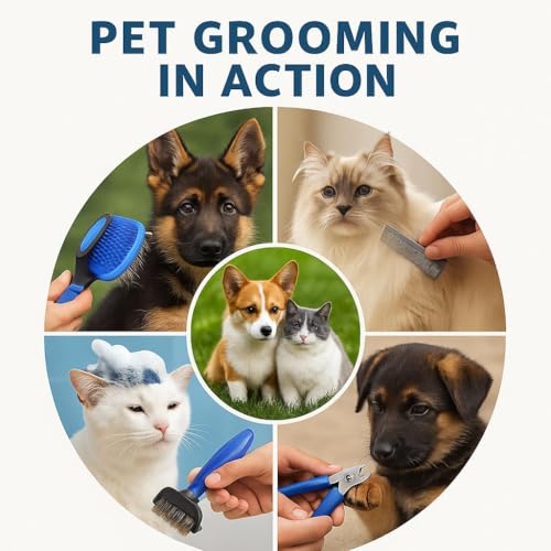 Dog Grooming Kit 6-in-1 for Dogs & Cats, Professional Pet Grooming Tools Set with Deshedding Rake, Slicker Brush, Bath Brush, Nail Clipper, Flea Comb & Grooming Comb for Shedding, & Daily Care
