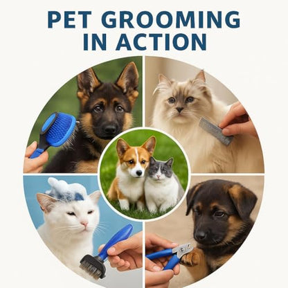 Dog Grooming Kit 6-in-1 for Dogs & Cats, Professional Pet Grooming Tools Set with Deshedding Rake, Slicker Brush, Bath Brush, Nail Clipper, Flea Comb & Grooming Comb for Shedding, & Daily Care