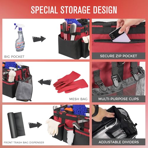 SCAVATA Wearable Cleaning Caddy, Cleaning Caddy Supplies Organizer with Handle & Shoulder Straps for Housekeepers, Under Sink & Car Cleaning Tool Organizers Bag with 4 Foldable Divider (Wine) - color: Wine