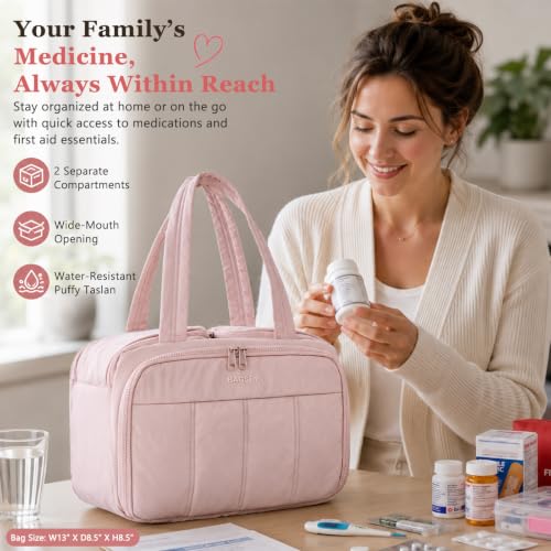 Travel Medicine Storage Bag with 2 Compartments, Wide-Mouth Medical Organizer, Puffy Lightweight First Aid Bag for Prescription Bottles, Pill Cases, Medical Supplies & Family Emergency Essentials - color: Pink