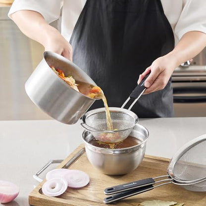 Restaurantware Fine Mesh Strainer Set of 3 Different Sizes with Silicone Handle Stainless Steel Extra Fine Mesh Strainer Heat-Resistant Handle Dishwasher-Safe for Rice, Quinoa, Pasta - size: Standard, Extra Fine Mesh-3-Piece Set