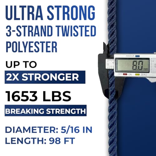 Heavy Duty Twisted PP/Polyester/Nylon Rope, Weather-Resistant & Waterproof Rope for Pool, Marine, Camping, Household Use, Construction & Rigging Applications (Navy, 5/16in X 98FT) - color: Navy, size: 5/16in X 98FT