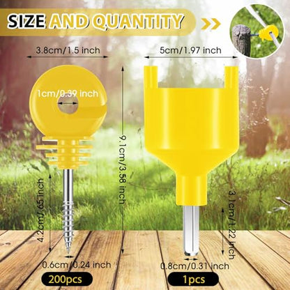 Sweetude 200 Pcs Electric Fence Insulator with 1 Pcs Insulator Socket Tool Screw in Ring Post Wood Post Electric Fence Ring with Socket Tool for Animal (Yellow) - color: Yellow
