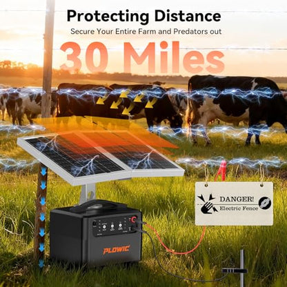 Solar Electric Fence Charger for Livestock: 30 Miles Solar Fence Charger, 12KV 1.5J Output Electric Fence Energizer with 12000mAh Battery, 15W Solar Panel, IP65 Waterproof for Poultry Garden