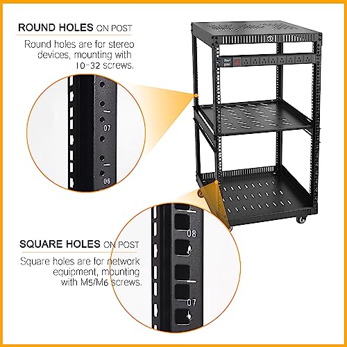 RIVECO OFCO 18U Network Rack with Reinforced Top & Bottom Vented Plates - 4 Rolling Wheels Floor Standing Rack for 19" Equipment & Stereo Gear - Including 1PCS Rack Shelf & Rail Mount PDU - size: 18U