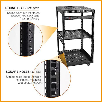RIVECO OFCO 18U Network Rack with Reinforced Top & Bottom Vented Plates - 4 Rolling Wheels Floor Standing Rack for 19" Equipment & Stereo Gear - Including 1PCS Rack Shelf & Rail Mount PDU - size: 18U