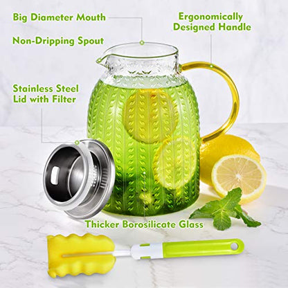 Aofmee 60oz Glass Pitcher, Water Pitcher with Lid, Iced Juice Jugs for Fridge, Glass Carafe for Cold or Hot Beverages, Sun Tea Jar, Easy Clean Heat Resistant Jug for Milk | Thickened Borosilicate Glass Iced Tea Pitcher, Drip-free Spout, Heat/Cold Resistan