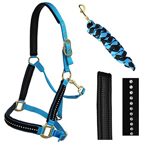 Nylon Horse Neoprene Padded Blue Nylon Halter Brass Hardware w/Rhinestones 606172SB - color: Sky Blue