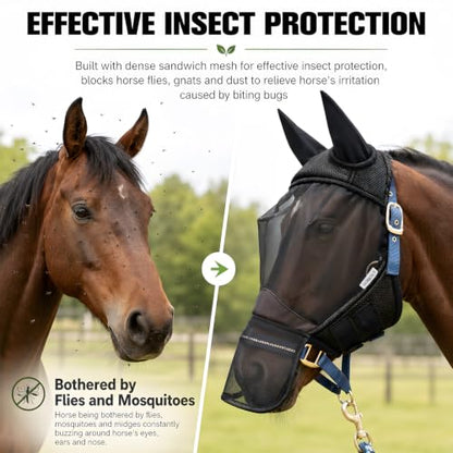 Horse Fly Mask with Ears and Nose Cover (L) | UV protection summer mesh, soft nose flap for muzzle fly protection, lightweight and breathable sandwich mesh. - size: L