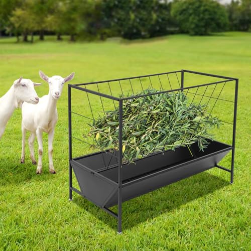 Pasture Hay Feeder, 2-in-1 Livestock Feeder Hay Grain Feeding with 30 Gallon Feed Pan & V-Shaped Hay Rack, Heavy Duty Livestock Feeding Trough for Horses, Sheep, Pigs, Cattle, and Other Livestock