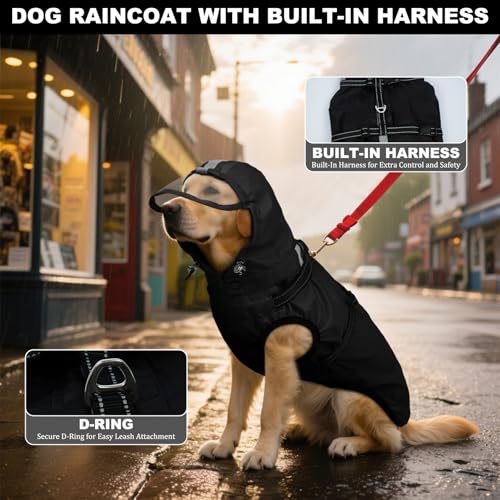Dog Raincoat with Built-in Harness, Dog Rain Jacket with Clear Hood - color: Black, size: Medium