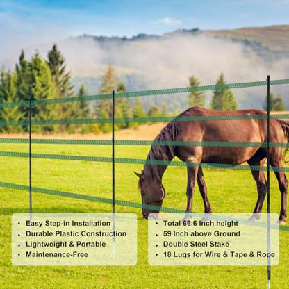 Step-in Fence Posts 42 Pack, 66.6 Inch Plastic Post with Double Steel Stake, 18 Clips for Electric Wire Tape Rope, Black, Temporary Fencing