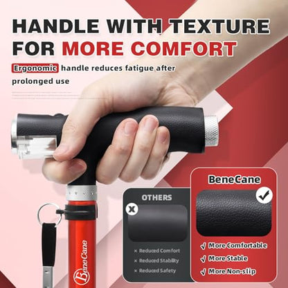 BeneCane Walking Cane for Women Folding Cane for Men with Two Led Lights Quad Cane with Stable Base Lightweight and Adjustable Walking Stick - color: Red