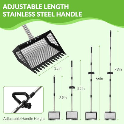 Heavy Duty Chicken Coop Poop Scooper and Rake 2-in-1 – 15'' Wide Metal Sifting Shovel, Adjustable 24''-68.8'' Ergonomic Handle – Farm and Garden Manure Cleaning Tool, Black-Sprayed, 38x26x175cm