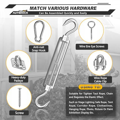 AUTMATCH M5 Hook&Hook Turnbuckle - 304 Stainless Steel Wire Rope Tensioner | Adjustable Turnbuckle for Cable Railing, Fence & Shade Sail Hardware, Wire Rope Tension Kit, 6-Pack, Silver - color: Silver Tone - Hook & Hook, size: M5