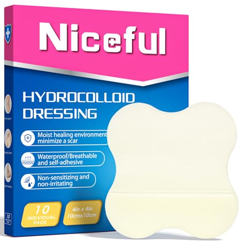 Niceful Hydrocolloid Bandages 4"x4" for Knee, Elbow, 10 Count | Waterproof, Advanced Healing, Extra Thin, Hydrocolloid Dressing Patches, Designed to Fit Joints, for Wounds - size: 4" x 4" (10 Dressings)