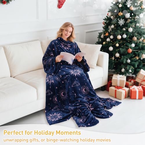 Catalonia Wearable Blanket with Sleeves & Foot Pocket for Adults - color: Astrology Navy, size: Fleece